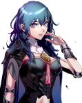  1girl armor bangs blue_eyes blue_hair bracer byleth_(fire_emblem) byleth_eisner_(female) cape clothing_cutout datcravat detached_collar english_commentary fire_emblem fire_emblem:_three_houses hair_between_eyes highres long_hair looking_at_viewer navel_cutout parted_lips white_background 