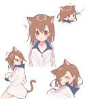  :&lt; ? ahoge animal_ears bangs blush bob_cut brown_eyes brown_hair cat_ears cat_tail cat_teaser character_sheet collarbone commentary excited furrowed_eyebrows hair_between_eyes hair_strand highres himaneko. jacket looking_at_viewer looking_back misaka_mikoto motion_lines naked_jacket parted_lips raised_eyebrows short_hair simple_background sleeping sleeves_past_fingers sleeves_past_wrists surprised tail to_aru_kagaku_no_railgun to_aru_majutsu_no_index track_jacket white_background white_jacket zipper 