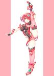  1girl absurdres breasts daive full_body highres leg_up looking_at_viewer medium_breasts one_eye_closed pyra_(xenoblade) red_eyes redhead short_hair shorts skindentation smile solo split standing standing_on_one_leg standing_split thigh-highs xenoblade_chronicles_(series) xenoblade_chronicles_2 
