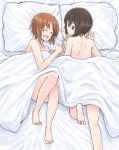  2girls back bangs barefoot bed_sheet brown_eyes brown_hair closed_mouth commentary eyebrows_visible_through_hair from_above girls_und_panzer incest laughing looking_at_another lying multiple_girls mutsu_(layergreen) naked_sheet nishizumi_maho nishizumi_miho nude on_bed on_side on_stomach open_mouth pillow short_hair siblings sisters smile under_covers yuri 
