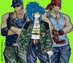  1girl 2boys alternate_costume bandana belt belt_pouch black_hair blonde_hair blue_eyes blue_hair clark_still dog_tags earrings fingerless_gloves glasses gloves green_background hat highres ikari_warriors jacket jewelry leona_heidern midriff multiple_boys muscle ponytail poririna pouch ralf_jones tank_top the_king_of_fighters triangle_earrings watermark web_address 