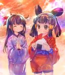  2girls bike_shorts black_hair black_shorts closed_eyes clouds commentary_request eating food food_on_face hair_ornament hair_rings hands_together japanese_clothes kimono long_hair multiple_girls obi onigiri outdoors purple_kimono quad_tails red_kimono sakuna-hime sash shorts sky smile tensui_no_sakuna-hime usapenpen2019 yui_(tensui_no_sakuna-hime) 