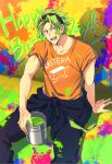  1boy argonavis_from_bang_dream! bang_dream! black_jumpsuit blue_eyes clothes_writing fangs gotou_misaki_(argonavis) green_hair happy_birthday headband jumpsuit jumpsuit_around_waist male_focus orange_shirt paint paint_can paint_on_clothes paint_on_face paint_splatter saigi shirt sitting solo t-shirt 