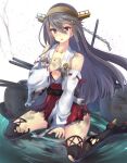  1girl bangs breasts hairband haruna_(kantai_collection) kantai_collection kneeling long_hair looking_at_viewer rain_yadori simple_background solo swept_bangs 