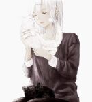  1girl animal animal_on_lap bangs black_cat black_pants cat cat_on_lap facing_viewer hair_ornament hairclip highres holding holding_animal holding_cat long_hair long_sleeves original pants shirone_(coxo_ii) simple_background solo white_background white_cat white_hair 