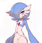  1girl alternate_color alternate_eye_color artist_name bangs blue_eyes blue_hair blue_skin blush bob_cut chromatic_aberration clarevoir collarbone colored_skin commentary english_commentary flat_chest gardevoir gen_3_pokemon groin hair_over_one_eye highres looking_at_viewer mixed-language_commentary navel no_pussy open_mouth outline pink_outline pokemon pokemon_(creature) shiny shiny_hair shiny_pokemon shiny_skin short_hair simple_background solo stomach twitter_username two-tone_skin watermark white_background white_skin 