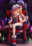  1girl absurdres alternate_costume arm_belt bangs black_shirt black_shorts blonde_hair blush boots bow calpis118 chair closed_mouth crystal dark_background darkness eyebrows_visible_through_hair flandre_scarlet full_body hair_between_eyes hair_over_one_eye hand_on_own_cheek hand_on_own_face hat hat_bow highres jacket jewelry leg_support light_particles long_hair looking_at_viewer mob_cap necklace on_chair one_side_up puffy_sleeves rainbow_order red_bow red_eyes red_footwear red_jacket red_vest romper shirt short_hair shorts side_ponytail sitting smile solo touhou vest white_headwear wings 