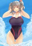  1girl absurdres ass_visible_through_thighs black_swimsuit blue_eyes blue_sky breasts clouds competition_swimsuit cowboy_shot highres kantai_collection kashima_(kantai_collection) large_breasts long_hair looking_at_viewer one-piece_swimsuit sidelocks silver_hair sky soaking_feet solo swimsuit thigh_gap twintails wasavi_8 water wavy_hair 