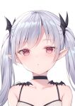  1girl alexmaster armpit_crease bare_shoulders black_choker choker collarbone hair_ornament long_hair looking_at_viewer original parted_lips pointy_ears red_eyes sidelocks silver_hair simple_background slit_pupils solo spaghetti_strap twintails upper_body white_background 