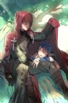  2boys black_footwear black_legwear blue_hair cloak cloak_lift commentary_request cu_chulainn_(fate)_(all) emiya_shirou fate/stay_night fate_(series) forest gloves hood hood_up hooded_cloak lancer looking_at_another lying male_focus multiple_boys nature on_stomach red_eyes redhead shiroge sitting sunlight yellow_eyes younger 