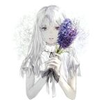  1girl black_bow bow flower highres holding holding_flower hyacinth long_hair looking_at_viewer original pale_skin shirone_(coxo_ii) shirt short_sleeves simple_background solo upper_body white_background white_hair white_shirt 
