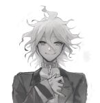  1boy bangs chain closed_mouth collar commentary_request dangan_ronpa_(series) dangan_ronpa_another_episode:_ultra_despair_girls grey_background grey_hair greyscale hair_between_eyes jacket komaeda_nagito long_sleeves looking_at_viewer male_focus messy_hair metal_collar monochrome ppiyag_bij shirt simple_background smile solo striped striped_shirt upper_body white_background 
