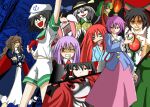  6+girls akuseru_akira animal_ears bandaged_neck black_hair broken_neck chainsaw evil_grin evil_smile green_hair grin hakurei_reimu heterochromia hong_meiling kagiyama_hina koakuma komeiji_koishi komeiji_koishi&#039;s_heart_throbbing_adventure komeiji_satori multiple_girls murasa_minamitsu necktie pink_hair purple_hair rabbit_ears redhead reisen_udongein_inaba reiuji_utsuho sailor_collar sharp_teeth smile star_sapphire teeth touhou youkai 