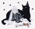  1girl all_fours bare_shoulders barefoot black_butterfly black_cat black_nails brown_cat bug butterfly cat hair_between_eyes highres insect original paw_print_pattern scroll shirone_(coxo_ii) simple_background solo white_background white_cat white_hair wide_sleeves 