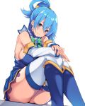 1girl aqua_(konosuba) bangs bare_shoulders black_mutou blue_dress blue_eyes blue_footwear blue_hair blush boots bow bowtie breasts brooch commentary_request detached_sleeves dress feet_out_of_frame green_bow green_neckwear hair_between_eyes jewelry kono_subarashii_sekai_ni_shukufuku_wo! large_breasts long_hair long_sleeves looking_at_viewer short_dress sideboob simple_background sitting smile solo thigh-highs thighs white_background white_legwear