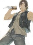  1boy bags_under_eyes blue_eyes brown_hair dagger daryl_dixon facial_hair from_below isa_(peien516) long_hair male_focus mole muscle reverse_grip solo squinting stubble the_walking_dead torn_clothes torn_sleeves vest wavy_hair weapon 