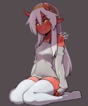  1girl artist_name bare_shoulders breasts collarbone colored_skin commentary dark_skin dated demon_girl full_body grey_background grey_sweater hair_between_eyes hairband horns li_(rob_ishi) long_hair long_sleeves looking_at_viewer no_shoes off-shoulder_sweater off_shoulder orange_hairband original pointy_ears red_skin rob_ishi signature simple_background sitting skinny small_breasts smile solo sweater thigh-highs thighs wariza white_legwear yellow_eyes zettai_ryouiki 