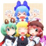  &gt;_&lt; bangs blonde_hair blue_hair breasts brown_eyes cirno closed_eyes closed_mouth green_eyes green_hair long_sleeves looking_at_another looking_at_viewer matty_(zuwzi) mystia_lorelei open_mouth redhead rumia team_9 touhou wriggle_nightbug 