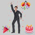  1boy birthday_cake black_hair cake candle clenched_hand confetti emoji english_commentary food formal grey_background happy_birthday highres hololive looking_at_viewer ninomae_ina&#039;nis_(artist) photo_(medium) pointing pointing_up sketch smile solo suit yagoo 