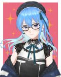  1girl absurdres black_headwear blue_eyes blue_hair bow bow_earrings colored_inner_hair earrings flat_chest glasses hat highres hololive hoshimachi_suisei jewelry light_blush long_hair multicolored_hair official_alternate_costume rz_ix side_ponytail smile solo virtual_youtuber 