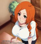  1girl arm_support bleach breasts grey_eyes indoors inoue_orihime large_breasts long_hair looking_at_viewer mixed-language_commentary orange_hair plant shirt smile solo standing vicio_cusimano white_shirt 