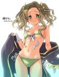  1girl alternate_costume alternate_hairstyle ass_visible_through_thighs bikini black_robe breasts brown_hair collarbone commentary_request florence_(granblue_fantasy) gloves granblue_fantasy green_bikini green_eyes hirowa_nagi long_hair looking_at_viewer side-tie_bikini simple_background small_breasts smile solo standing swimsuit translation_request twintails undressing white_background white_gloves 