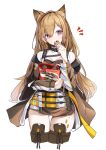  1girl animal_ears arknights ass_visible_through_thighs bag belt brown_eyes brown_hair brown_jacket brown_legwear ceobe_(arknights) cookie cropped_legs dog_ears eating food gu_luco highres holding jacket long_hair long_sleeves looking_at_viewer multiple_belts notice_lines off_shoulder open_clothes open_jacket plastic_bag shirt simple_background skindentation solo thigh-highs thigh_gap thighs white_background white_shirt zettai_ryouiki 