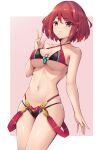  1girl adapted_costume arm_up bangs bare_arms bare_shoulders bikini blush breasts chest_jewel commentary_request cowboy_shot eol_9 eyebrows_visible_through_hair halterneck highleg highleg_bikini highleg_swimsuit highres large_breasts looking_at_viewer multi-strapped_bikini navel pyra_(xenoblade) red_eyes redhead short_hair simple_background smile solo string_bikini swept_bangs swimsuit thighs under_boob v white_background xenoblade_chronicles_(series) xenoblade_chronicles_2 