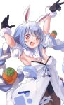  1girl :d animal_ear_fluff animal_ears armpits arms_up black_gloves blue_hair blush braid breasts brown_legwear bunny-shaped_pupils carrot_hair_ornament commentary_request cowboy_shot don-chan_(usada_pekora) food_themed_hair_ornament fur-trimmed_gloves fur_trim gloves hair_ornament highres hololive long_hair looking_at_viewer multicolored_hair namaonpa open_mouth rabbit_ears red_eyes simple_background small_breasts smile solo symbol-shaped_pupils thigh_strap twin_braids two-tone_hair usada_pekora very_long_hair virtual_youtuber white_background white_hair 