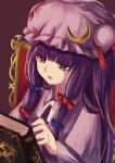 1girl bangs blue_bow blue_ribbon book botan_yukimoti bow chair commentary crescent crescent_moon_pin dark_background expressionless hair_bow hat hat_ribbon long_hair mob_cap parted_lips patchouli_knowledge purple_hair red_background red_bow red_ribbon ribbon simple_background solo touhou upper_body violet_eyes wide_sleeves 