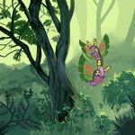  bug commentary creature dustox english_commentary flying forest gen_3_pokemon insect looking_at_viewer memookami moth nature no_humans outdoors plant pokemon pokemon_(creature) smile tree yellow_eyes 