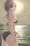  1girl asakura_tooru ass bangs bare_arms bare_back bikini black_bikini black_swimsuit blue_eyes bracelet breasts clouds cloudy_sky dimples_of_venus eyebrows_visible_through_hair hair_between_eyes halterneck highres idolmaster idolmaster_shiny_colors in_water jewelry k-chitsu light_particles light_smile looking_at_viewer looking_back medium_breasts multicolored_hair outdoors parted_lips short_hair side-tie_bikini sky sleeveless solo sun swimsuit thighs two-tone_hair water wet wet_clothes wet_swimsuit 