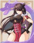  1girl :3 beidou_(genshin_impact) breasts brown_hair capelet chinese_clothes clothing_cutout dragon eyepatch fingerless_gloves genshin_impact gloves hair_ornament hair_over_one_eye hair_stick hairpin hand_on_hip highres holding holding_weapon large_breasts long_hair moppo one_eye_covered pelvic_curtain red_capelet red_eyepatch red_eyes standing thick_thighs thighs under_boob underboob_cutout weapon 