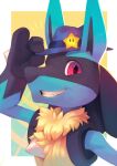  commentary commission english_commentary gen_4_pokemon grin hat hatted_pokemon looking_at_viewer lucario pokemon purple_headwear salanchu smile violet_eyes 