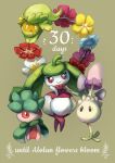  black_eyes brown_eyes closed_mouth comfey commentary english_commentary english_text flower fomantis full_body gen_7_pokemon green_eyes grey_background looking_at_viewer morelull mushroom pokemon second-party_source simple_background smile standing steenee tyma_(mtymas) 
