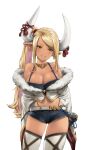  1girl absurdres alternate_hairstyle blonde_hair breasts brown_eyes dark_skin dark-skinned_female draph earrings gourd granblue_fantasy highres jewelry kuvira_(granblue_fantasy) large_breasts long_hair midriff navel pointy_ears ponytail shorts ssshousha thigh-highs wide_sleeves 