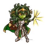 amulet armor cloak colored_skin fang full_body goblin green_hair green_skin hair_ornament konsi long_hair magic notched_ear original outstretched_arm plate_armor pointy_ears shield socksandpuppets standing 