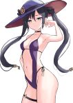  1girl adapted_costume arm_up armpits bare_arms bare_shoulders bikini black_choker black_hair blue_eyes breasts center_opening choker contrapposto cowboy_shot genshin_impact groin hair_ribbon hand_on_hip hat highres long_hair looking_at_viewer marinesnow mona_(genshin_impact) navel one-piece_swimsuit purple_headwear purple_swimsuit ribbon side-tie_bikini simple_background sketch small_breasts smile solo spaghetti_strap standing stomach string_bikini sun_hat swimsuit thigh_strap thighs twintails white_background 