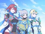  3girls :d bangs bare_shoulders black_gloves blonde_hair blunt_bangs bodysuit breasts chest_jewel cleavage_cutout closed_eyes clothing_cutout covered_navel day dress earrings elbow_gloves fangs fingerless_gloves gloves jewelry large_breasts lobsterbaby99 long_hair multiple_girls mythra_(xenoblade) nia_(xenoblade) open_mouth outdoors pyra_(xenoblade) redhead short_hair silver_hair sky small_breasts smile swept_bangs tiara upper_body white_dress white_gloves xenoblade_chronicles_(series) xenoblade_chronicles_2 yellow_bodysuit yellow_eyes 