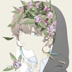  1boy absurdres androgynous blue_eyes blue_menouu collared_shirt earrings eyebrows_visible_through_hair flower hair_between_eyes highres hood hood_up jewelry leaf original pink_flower portrait shirt simple_background solo tan_background white_flower white_shirt 
