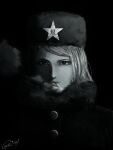  1girl buttons carte cigarette coat eyebrows fur_collar fur_hat hat hat_ornament hong_meiling long_hair mole mole_under_eye monochrome signature smoking star_(symbol) star_hat_ornament touhou ushanka 