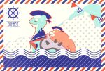  border closed_mouth commentary_request creature ekm english_text fangs gen_1_pokemon hat hatted_pokemon lapras no_humans pokemon pokemon_(creature) polka_dot riding riding_pokemon sailor_hat slowpoke smile striped_border water waves 
