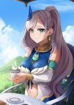  1girl bangs breasts clouds cup detached_sleeves dvdraw english_commentary eyebrows_behind_hair green_hair highres holding holding_cup hololive hololive_indonesia large_breasts midriff_cutout mountain navel pavolia_reine side_ponytail silver_hair sky smile solo teacup virtual_youtuber 