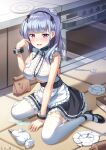  1girl accident apron azur_lane bag bare_arms bare_shoulders black_footwear black_skirt breasts broken_plate clothing_cutout cuffs dido_(azur_lane) frilled_shirt frilled_skirt frills frown hairband hand_up handcuffs high_heels highres kitchen large_breasts long_hair looking_at_viewer lu_b maid maid_apron miniskirt open_mouth paper_bag pink_eyes plate pleated_skirt see-through shadow shirt silver_hair sitting skirt sleeveless sleeveless_shirt solo thigh-highs under_boob underboob_cutout waist_apron wariza wavy_mouth wet wet_clothes wet_shirt white_legwear white_shirt zettai_ryouiki 