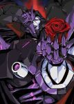  1boy broken_mask decepticon english_commentary flower highres hinomars19 holding holding_flower looking_down mask mecha no_humans parted_lips red_eyes red_flower red_rose rose smile solo tarn the_transformers_(idw) transformers 