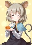  1girl ^_^ animal_ears bangs blue_capelet capelet cheese closed_eyes closed_mouth cowboy_shot dotted_background dress eyebrows_visible_through_hair food food_on_face grey_dress grey_hair highres holding holding_food jewelry long_sleeves mouse_ears mouse_tail nazrin pendant ruu_(tksymkw) short_hair simple_background smile solo standing tail touhou white_sleeves yellow_background 