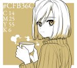  1boy bangs brown_background closed_mouth cup eyebrows_behind_hair eyebrows_visible_through_hair fate/extra fate_(series) hair_between_eyes hands_up holding holding_cup karokuchitose leonard_bistario_harway long_sleeves looking_at_viewer looking_back male_focus monochrome ribbed_sweater solo steam sweater thick_eyebrows turtleneck turtleneck_sweater two-tone_background white_background 