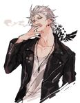  aohitsugi_samatoki black_coat character_request check_character cigarette coat collarbone earrings fingernails grey_hair hair_between_eyes hair_slicked_back hypnosis_mic jewelry kuroneko0309252 necklace open_clothes open_coat pectorals red_eyes simple_background sketch smoke smoking upper_body white_background zipper zipper_pull_tab 