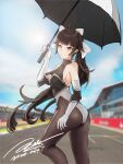  1girl 2020 ass azur_lane bare_shoulders bodystocking bow breasts brown_hair cleavage_cutout clothing_cutout elbow_gloves extra_ears gloves hair_flaps highres holding holding_umbrella janload1ng long_hair looking_at_viewer medium_breasts multicolored_leotard racequeen racetrack signature solo takao_(azur_lane) takao_(full_throttle_charmer)_(azur_lane) two-tone_gloves two-tone_leotard umbrella very_long_hair white_bow 