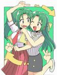  2girls breasts commentary_request green_eyes green_hair half_updo high_ponytail highres higurashi_no_naku_koro_ni long_hair multiple_girls necktie open_mouth ponytail red_neckwear ribbed_sweater ribbon shirt short_sleeves siblings sisters skirt sleeveless sleeveless_sweater sonozaki_mion sonozaki_shion sweater tsubobot turtleneck turtleneck_sweater twins vest white_shirt yellow_ribbon 